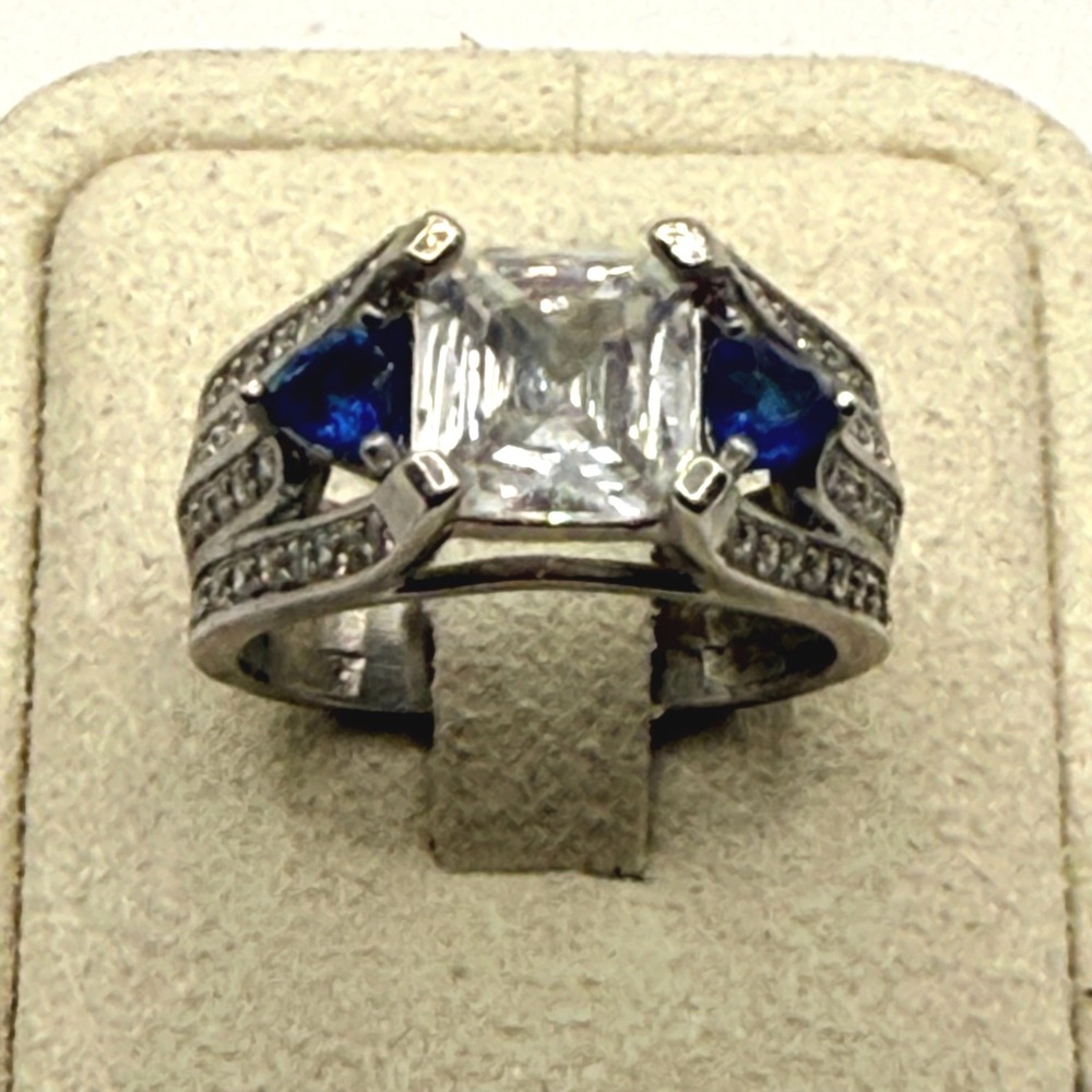 Silver Tone Clear CZ Blue Trillion Accent Statement Ring size 8.5 READ